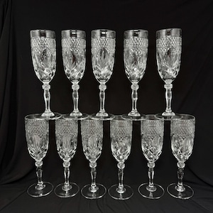 Cristal D'Arque Durand Antique Champagne Flute Set 11 Pcs Clear Leaf Knob Stem