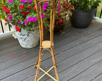 Bamboo Rattan Plant Stand 34.5" Tall Vintage Bohemian Style Bent Wood