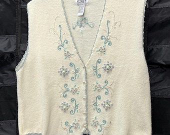 Koret Vintage Ivory Sweater Vest Embroidered Floral Beaded Lg Cottage Feminine
