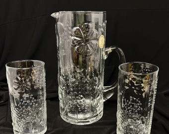 Vtg Italglass Tall Pitcher & 2 Tumblers Mouthblown Crystal Clear Art Glass MCM