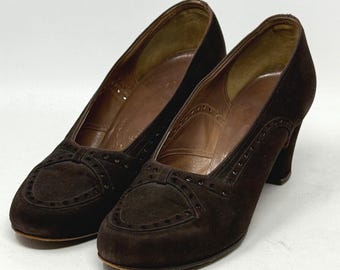 Vintage 40s Geutings Peeress Brown Brogue Windsor Pumps Heels 6B Twee Pump Heel