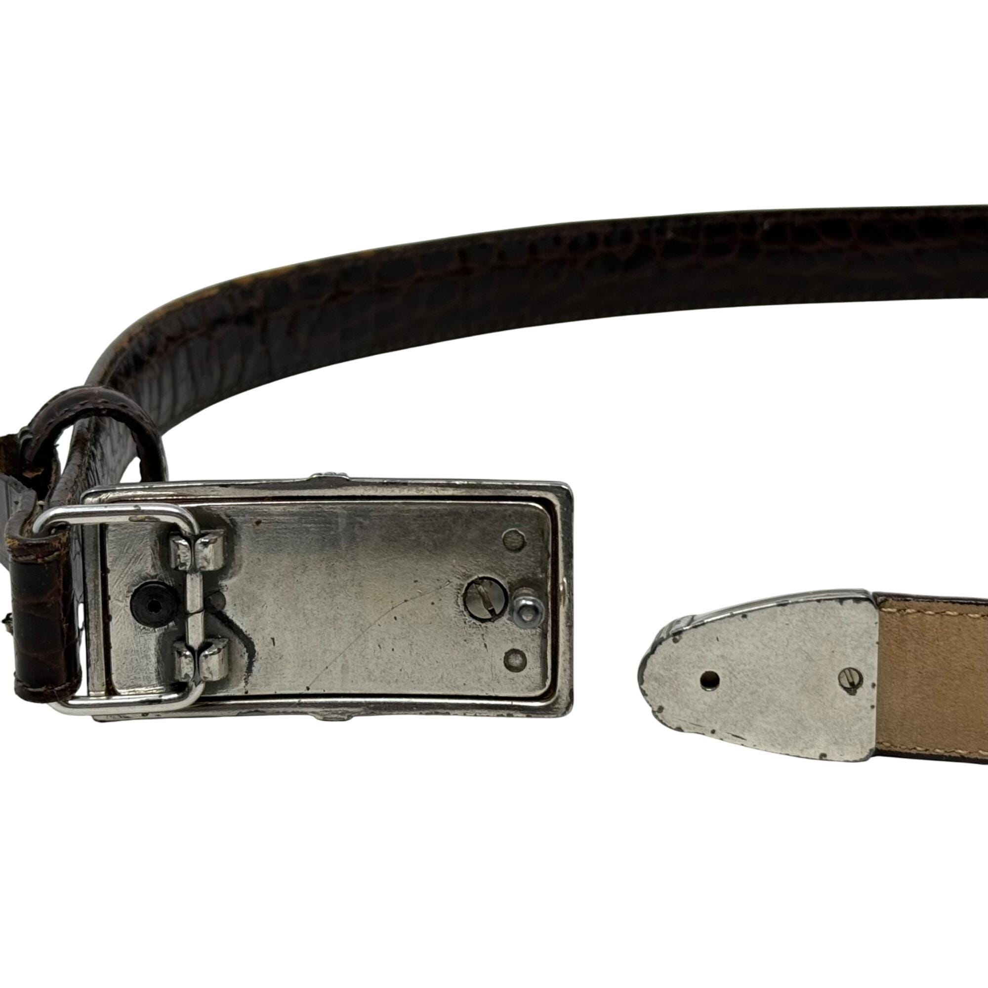 Vtg Brighton Croc Embossed Leather Belt Silver Buckle Size 