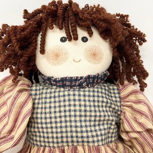 Vintage Handmade Cloth Kit Doll 15” Red & Beige Ticking Stripe Dress Hearts