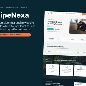 May include: A digital website template titled PipeNexa for a plumbing and home service business. The layout features a hero section with a service image, navigation menus, service category cards, and text blocks detailing plumbing repair solutions.