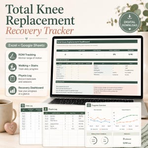 Peut inclure: Un téléchargement numérique pour un suivi de récupération après une arthroplastie totale du genou compatible avec Excel et Google Sheets. L'écran affiche un tableau de bord avec des sections pour le suivi de l'amplitude, la marche, les escaliers et la kiné.