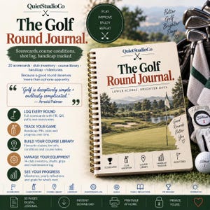 Może przedstawiać: Spiralny dziennik golfowy zatytułowany The Golf Round Journal z okładką przedstawiającą krajobraz pola golfowego. Dziennik zawiera sekcje na karty wyników, inwentarz kijów, bibliotekę pól, śledzenie handicapu oraz kamienie milowe z opisem funkcji.