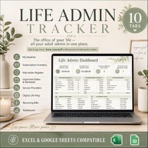 Life Admin Tracker, Subscription Warranty Renewals Excel Google Sheet