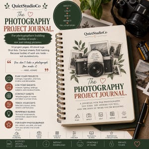 May include: A spiral-bound photography project journal with a cream cover featuring a vintage camera illustration, green leaves, and text that reads The Photography Project Journal, along with sections for planning, shooting, editing, and refining.