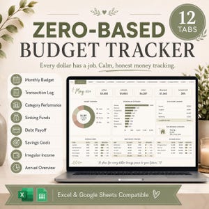 May include: A digital zero-based budget tracker displayed on a laptop screen, featuring 12 tabs, a monthly budget dashboard with charts, spending categories, debt payoff, and savings goals. The interface is Excel and Google Sheets compatible.