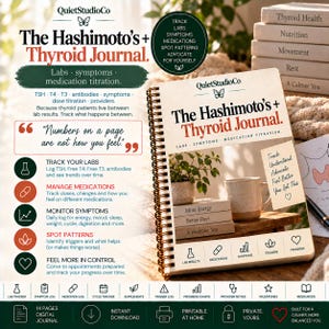 Puede incluir: Un diario de espiral titulado The Hashimoto's + Thyroid Journal con una cubierta color crema que muestra una foto de una taza y libros. La cubierta incluye texto sobre el seguimiento de laboratorios, síntomas y medicación. Iconos de resultados de laboratorio, medicamentos, síntomas, desencadenantes y progreso están impresos en la parte inferior de la portada.