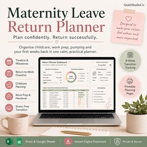 Könnte beinhalten: Ein digitaler Planer für die Rückkehr aus der Elternzeit auf einem Laptop-Bildschirm, der ein Dashboard mit Zeitplänen, Checklisten und Tools zur Kinderbetreuungsplanung sowie Fortschrittsdiagramme und Aufgabenlisten für den Wiedereinstieg zeigt.