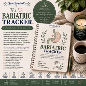 Könnte beinhalten: Ein spiralgebundenes Bariatric Tracker Arbeitsbuch mit cremefarbenem Einband, Magenillustration, grünem Text und Herzsymbolen. Der Einband zeigt den Titel Bariatric Tracker, eine Checkliste und den Text Small changes, Stronger habits.