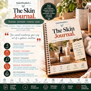 May include: A spiral-bound journal titled The Skin Journal with a cream cover featuring text about tracking eczema, psoriasis, rosacea, and acne. The cover displays a photo of skincare bottles and a plant, with icons for tracking flares and progress.