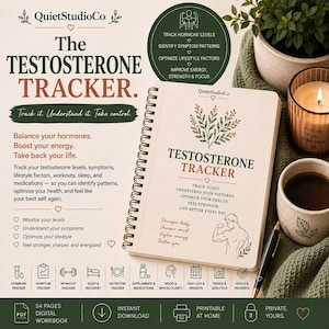 Puede incluir: Un cuaderno de espiral "Testosterone Tracker" con cubierta color crema, una ilustración botánica, el texto "TESTOSTERONE TRACKER" y un dibujo lineal de una figura musculosa. La cubierta incluye texto y un bolígrafo negro.