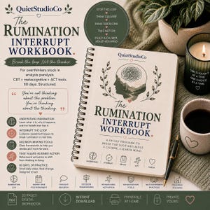 Peut inclure: Un cahier d'exercices à reliure spirale intitulé The Rumination Interrupt Workbook avec une couverture crème illustrée d'une silhouette de tête vert foncé contenant un paysage et une ligne emmêlée. Le texte décrit un programme de 60 jours.