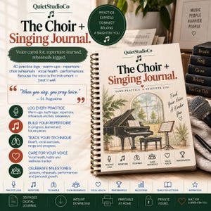 Puede incluir: Un diario de espiral titulado The Choir + Singing Journal con una ilustración de portada de un piano de cola en una habitación iluminada por el sol. La portada incluye el texto QuietStudioCo, Same Practice. A Brighter You. y Find Your Voice A Kinder You.