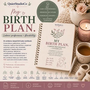 Może przedstawiać: Spiralny skoroszyt zatytułowany My Birth Plan z kremową okładką, ilustracją kwiatową, rysunkiem liniowym osoby trzymającej dziecko oraz tekstem o preferencjach porodowych. Zawiera długopis, kubek i buciki niemowlęce.