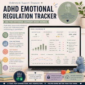 May include: An ADHD emotional regulation tracker displayed on a laptop screen, featuring a week 4 dashboard with charts, meltdown statistics, and trigger impact previews. The interface includes sections for tracking daily inputs, trends, and regulation strategies.
