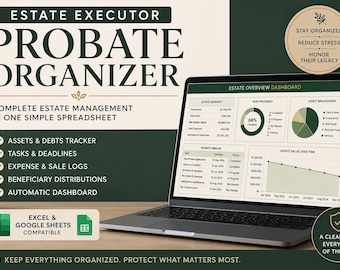 Estate Executor Probate Organizer, Estate Administration Spreadsheet, Excel & Google Sheets