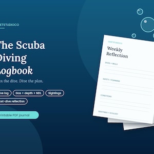 Könnte beinhalten: Ein druckbares PDF-Logbuch für Sporttaucher auf dunkelblauem Hintergrund mit weißem Text, der The Scuba Diving Logbook, Plan the dive. Dive the plan. lautet, sowie ein Stapel weißer Seiten mit der Überschrift Weekly Reflection.