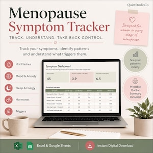 Puede incluir: Un rastreador digital de síntomas de la menopausia en la pantalla de una computadora portátil, que muestra un panel con tablas de datos para registrar sofocos, estado de ánimo, sueño y hormonas, junto con etiquetas de texto descriptivas.