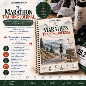 Könnte beinhalten: Ein spiralgebundenes Marathontrainingstagebuch mit dem Titel The Marathon Training Journal und einem Coverbild eines Läufers auf einer Bergstraße. Das Journal enthält Abschnitte für einen 16-wöchigen Trainingsplan, Langstreckenprotokolle und Renntage.