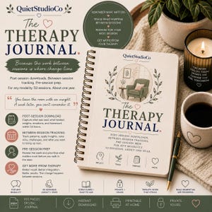 May include: A spiral-bound therapy journal titled The Therapy Journal by QuietStudioCo. The cover features a circular illustration of a green armchair, text detailing session tracking, and icons for reflection, tracking, preparation, and growth.