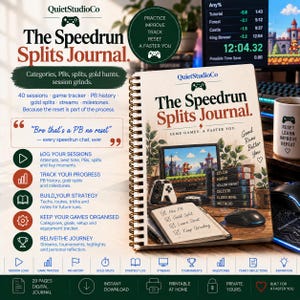 May include: A spiral-bound journal titled The Speedrun Splits Journal by QuietStudioCo. The cover features a desk setup with a computer monitor displaying a video game, a game controller, a mouse, and a notebook with a checklist of gaming goals.