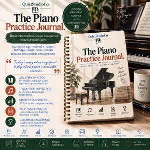 Può includere: Un diario di pratica per pianoforte con rilegatura a spirale e copertina color crema, raffigurante un pianoforte a coda, una pila di libri con i nomi dei compositori e il testo The Piano Practice Journal. Same practice. A brighter you.