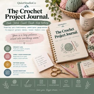 May include: A spiral-bound journal titled The Crochet Project Journal with a cream cover featuring a green yarn ball and hook illustration. Includes a small notepad, gold scissors, a pink 4.0 mm crochet hook, and stitch markers.