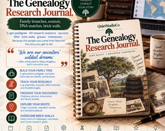 Genealogy Research Journal Printable PDF Family Tree Tracker DNA Match Log Ancestry Research Brick Wall Genealogist Gift Family History