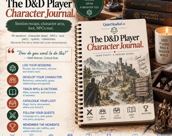 D&D Player Character Journal Printable PDF Session Recap Log Character Sheet NPC Roster Loot Tracker 5e RPG Gift Dungeons Dragons