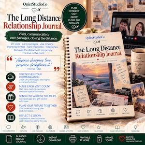 Pode incluir: Um diário com encadernação em espiral intitulado The Long Distance Relationship Journal com uma capa exibindo a asa de um avião, bilhetes de viagem e o texto Same Places. A Brighter Tomorrow. O diário inclui seções para chamadas, visitas e marcos.