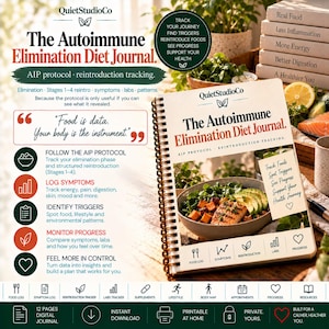 May include: A spiral-bound journal titled The Autoimmune Elimination Diet Journal by QuietStudioCo. The cover features a bowl of food with avocado and salmon. The journal includes sections for food logs, symptoms, reintroduction, labs, and progress tracking.