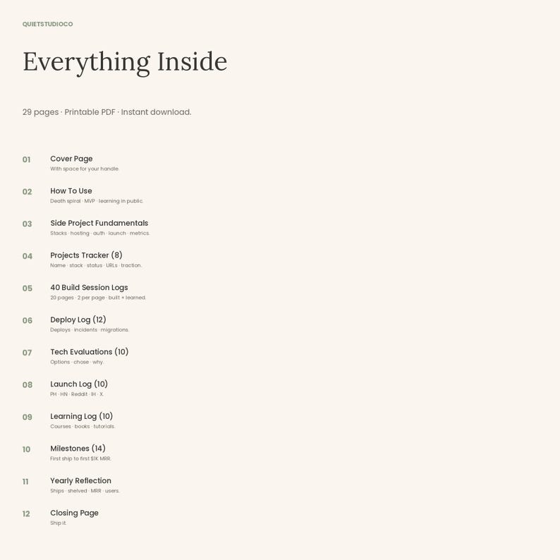 May include: A digital document titled Everything Inside by QuietStudioCo, featuring a list of 29 pages including a cover page, how to use, side project fundamentals, project tracker, build session logs, deploy log, tech evaluations, and launch log.