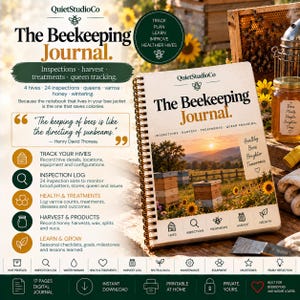 May include: A spiral-bound beekeeping journal titled The Beekeeping Journal by QuietStudioCo. The cover features a sunset landscape with beehives and sunflowers. The journal includes sections for tracking hive inspections, harvest, treatments, and queen tracking, with various icons and text detailing its organizational features for beekeepers.