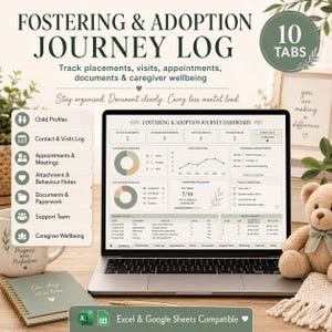 May include: A digital fostering and adoption journey log displayed on a laptop screen, featuring a dashboard with charts, appointment trackers, and child profiles. The interface includes ten tabs for organising placements, visits, and caregiver wellbeing.