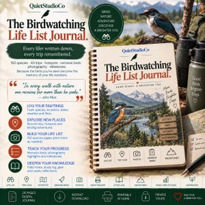 May include: A spiral-bound journal titled The Birdwatching Life List Journal with a cover illustration of a kingfisher, mountains, and a lake. The journal includes sections for tracking bird species, trip logs, photography, and milestones in nature.