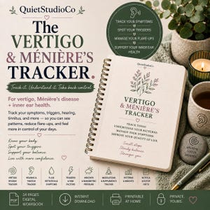 May include: A spiral-bound Vertigo & Ménière’s Tracker workbook with a cream cover featuring a botanical illustration and text. The cover reads: Vertigo & Ménière’s Tracker, Track today, Understand your patterns, Manage your symptoms, Improve your quality of life.