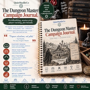 May include: A spiral-bound Dungeon Master Campaign Journal featuring a cover illustration of a cloaked figure overlooking a castle. The cover includes the text The Dungeon Master Campaign Journal, Same Prep. A Greater Story, and various icons for session prep, player tracking, encounters, loot, and worldbuilding.