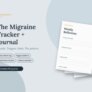 May include: A digital migraine tracker and journal with the text The Migraine Tracker + Journal, Attacks. Triggers. Meds. The pattern. It includes buttons for daily attack log, trigger patterns, medication tracker, and attack calendar.