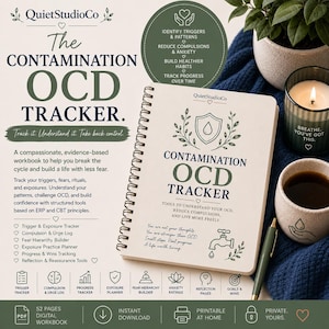 May include: A spiral-bound Contamination OCD Tracker workbook with a cream cover featuring a shield icon, a water faucet illustration, and text. The cover includes the title, subheadings, and motivational phrases in dark green and blue ink.
