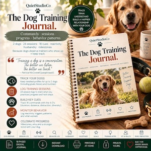 May include: A spiral-bound dog training journal titled The Dog Training Journal by QuietStudioCo. The cover features a golden retriever in a grassy field, with icons for dog profiles, sessions, cues, behavior, and milestones printed below.