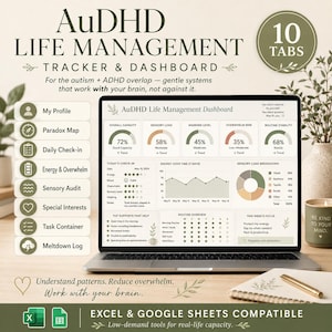 May include: A digital AuDHD Life Management Tracker and Dashboard displayed on a laptop screen. The interface features various charts, progress bars, and checklists for tracking capacity, sensory load, and routines. It includes 10 tabs and is compatible with Excel and Google Sheets.