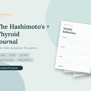 Puede incluir: Un diario digital titulado The Hashimoto's + Thyroid Journal con el subtítulo Labs. Meds. Symptoms. The pattern. Incluye botones para registro de síntomas y medicamentos, tendencias de laboratorio, preparación de citas y reflexión semanal.