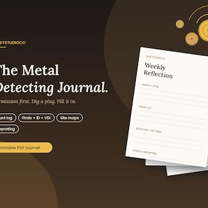 Puede incluir: Un diario PDF imprimible titulado The Metal Detecting Journal de Quietstudioco. El documento incluye secciones para reflexión semanal, registros de búsqueda, hallazgos, ID, VDI, mapas de sitios e informes. Diseño blanco sobre fondo marrón oscuro.