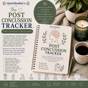 May include: A spiral-bound Post Concussion Tracker workbook with a cream cover featuring a brain illustration, text, and leaf motifs. The cover includes the title, a checklist icon, and the text: Be patient with yourself. Healing takes time.