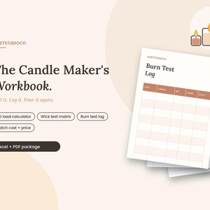 Op de afbeelding: Het digitale sjabloonpakket The Candle Maker's Workbook bevat Excel- en PDF-bestanden. Het omvat een brandtestlogboek, een FO-belastingscalculator, een lont-testmatrix en een tracker voor batchkosten en prijzen in een strak ontwerp.