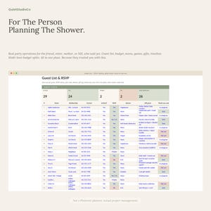 Peut inclure: Un modèle de feuille de calcul numérique intitulé Guest List & RSVP pour la planification d'événements. Le document présente des colonnes pour les noms, relations, contacts, statuts RSVP, régimes alimentaires, cadeaux et remerciements.