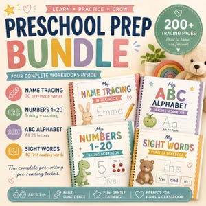 May include: A Preschool Prep Bundle featuring four spiral-bound workbooks for name tracing, numbers 1-20, ABC alphabet, and sight words. The set includes 200+ tracing pages with colorful illustrations of animals and fruits, designed for ages 3-6.